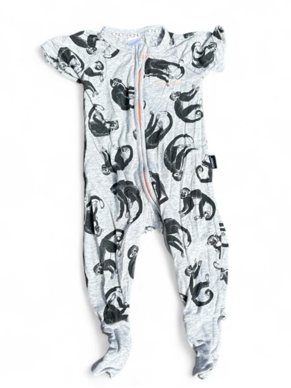 3-6 months Bonds | Grey Monkey Print Zip One-Piece With Fold Over Feet